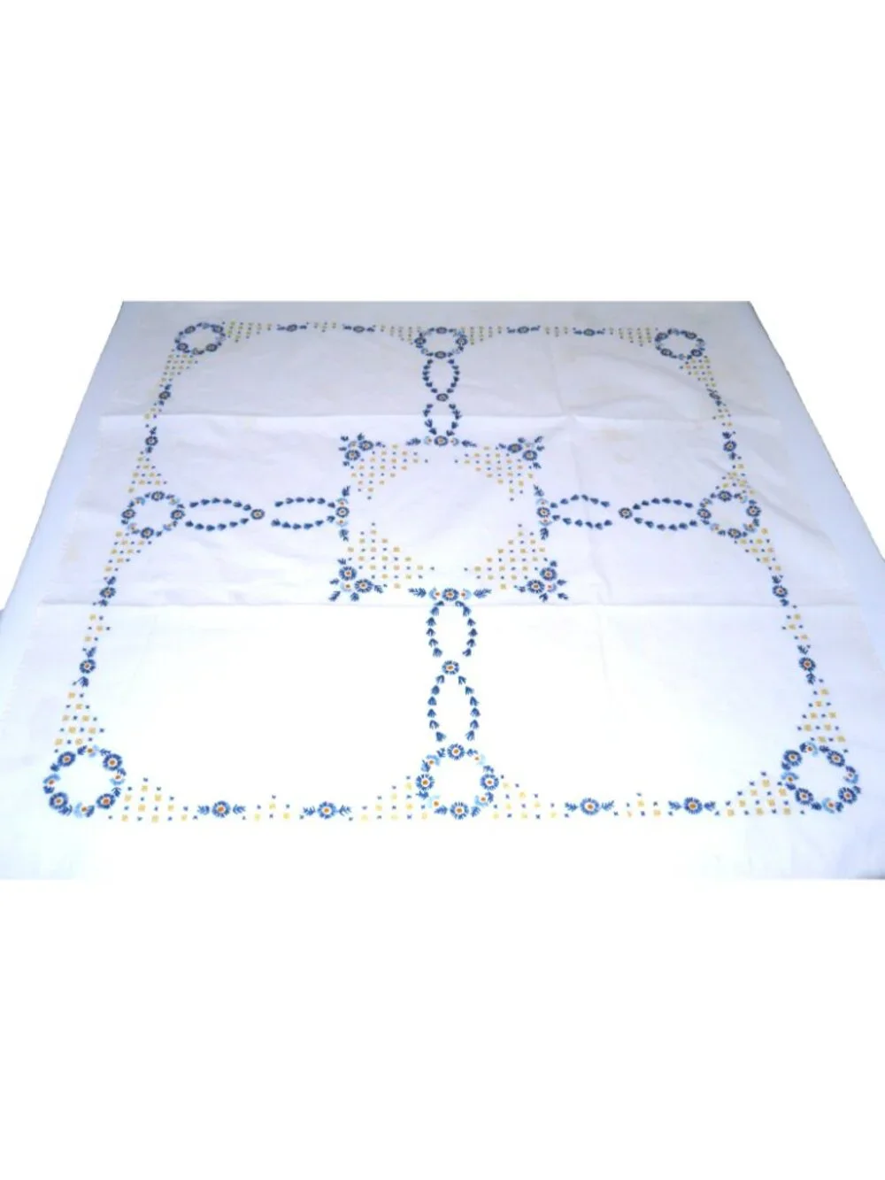 Vintage hand embroidered needlepoint cotton tablecloth blue & yellow 32.5 x 32